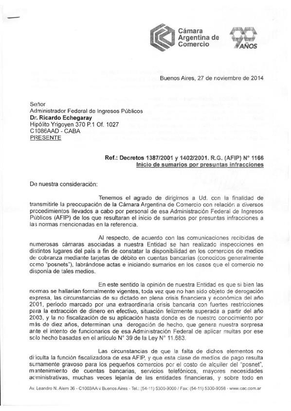 Nota de la Cámara Argentina de Comercio a AFIP
