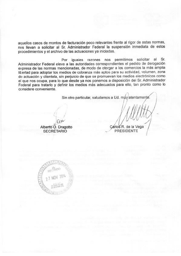 Nota de la Cámara Argentina de Comercio a AFIP